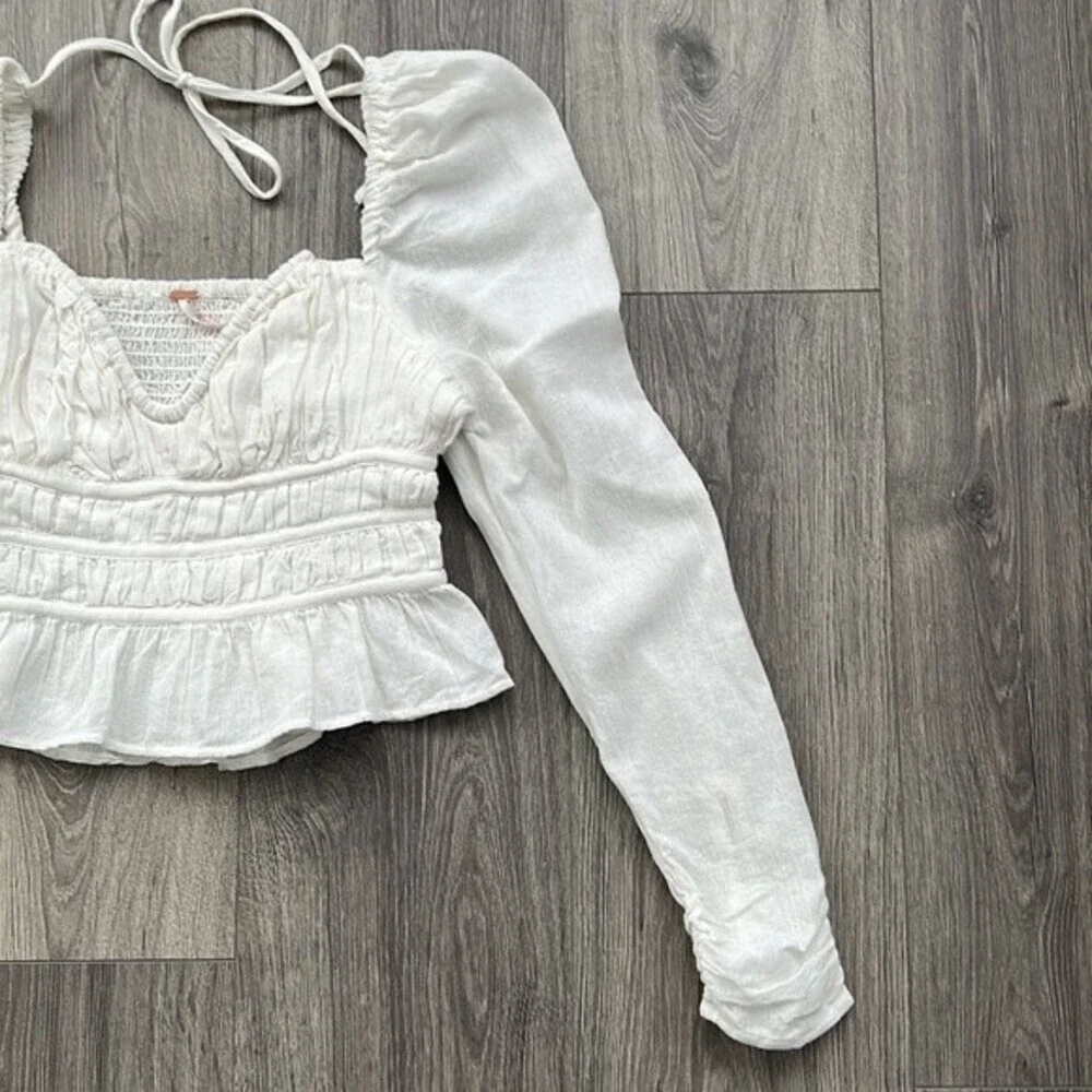 FREE PEOPLE Chloe Top XS White Puff Sleeves Smocked Cottagecore Boho Coquette